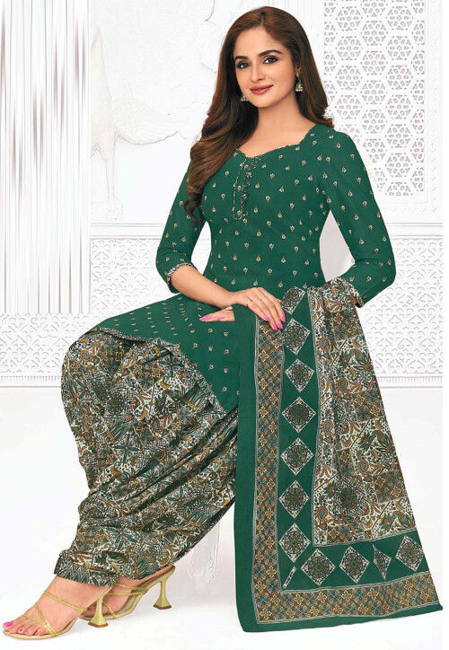 Printed Pure Cotton Punjabi Suit in Dark Teal Green