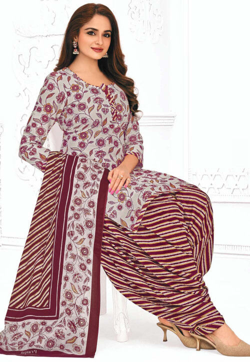 Printed Pure Cotton Punjabi Suit in Light Grey