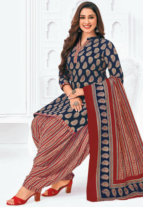 Printed Pure Cotton Punjabi Suit in Navy Blue