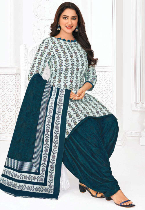 Buy Printed Pure Cotton Punjabi Suit in Sky Blue Online KUF16237 Utsav Fashion