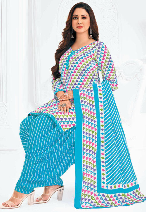 Printed Pure Cotton Punjabi Suit in White and Multicolor