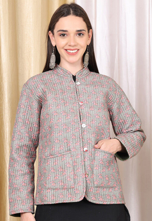 Printed Pure Cotton Quilted Reversible Jacket in Grey