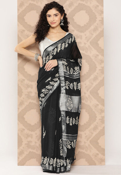 Black with White Linen Saree with Digital Floral Print – BharatSthali