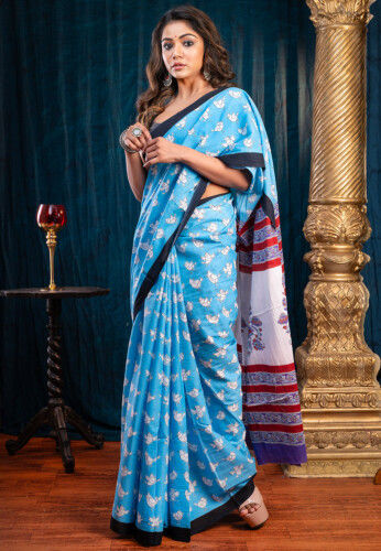 Printed Pure Cotton Saree in Blue