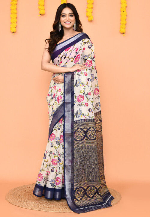 Printed Pure Cotton Saree in Off White