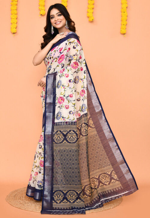 Printed Pure Cotton Saree in Off White