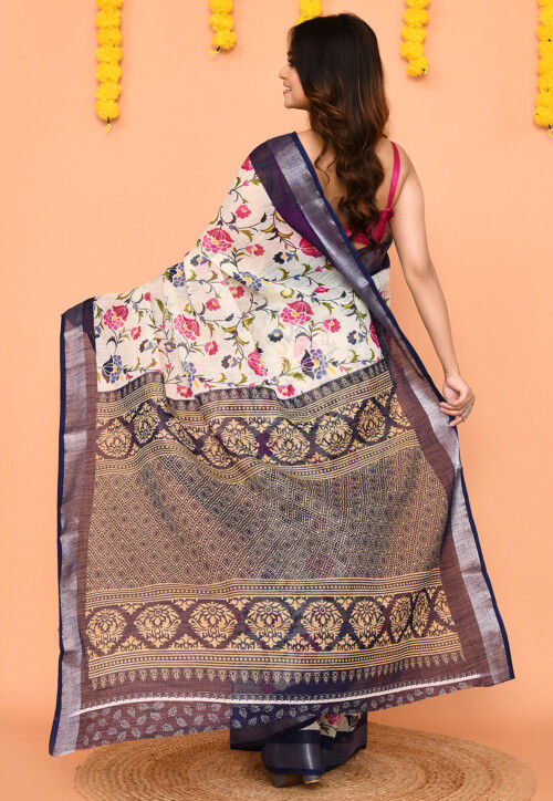 Printed Pure Cotton Saree in Off White