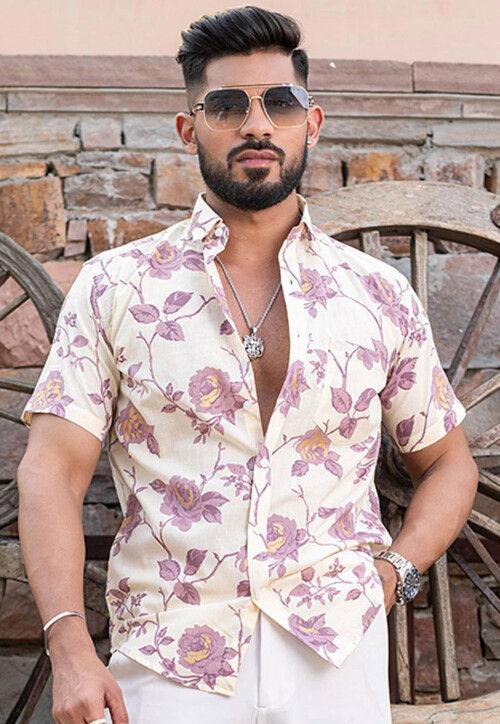 Printed Pure Cotton Shirt in Off White