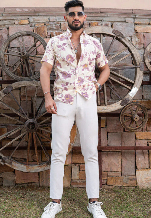 Printed Pure Cotton Shirt in Off White