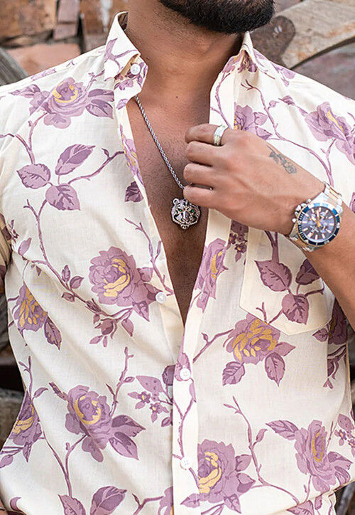 Printed Pure Cotton Shirt in Off White