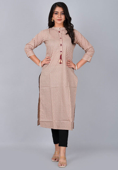 Printed Pure Cotton Straight Kurta in Light Beige