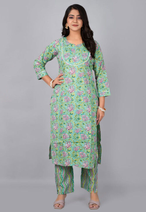 Printed Pure Cotton Straight Kurta Set in Light Green