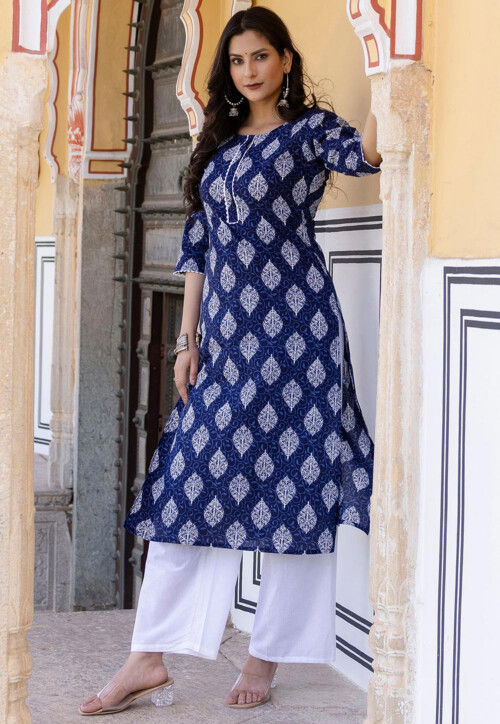 Blue cotton straight kurta hot sale