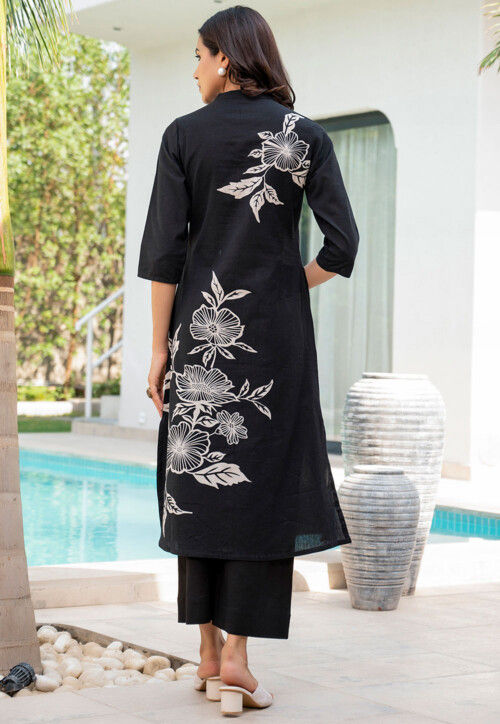 Printed Pure Cotton Straight Kurta Set in Black