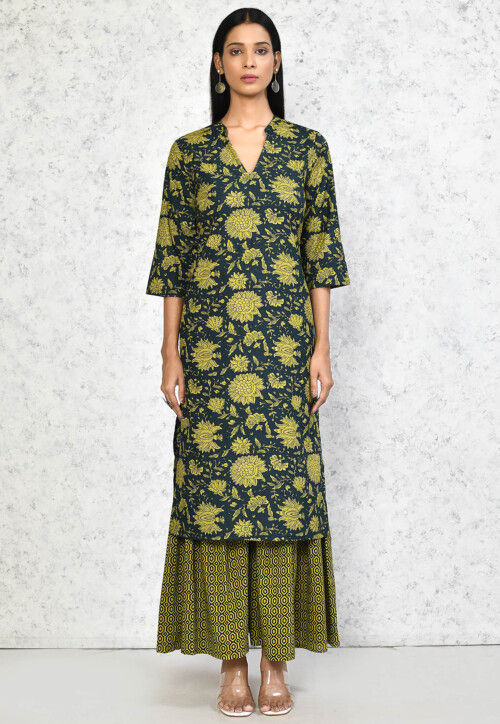 Printed Pure Cotton Straight Kurta Set in Dark Green