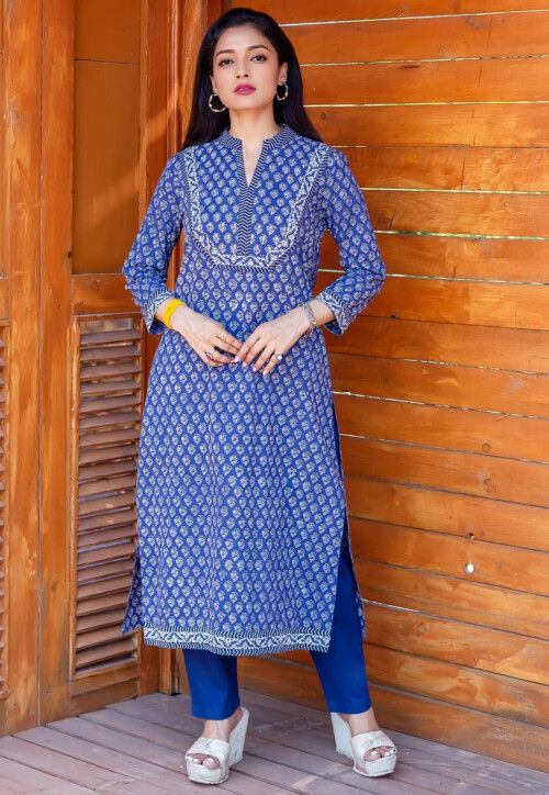 Blue cotton straight best sale kurta