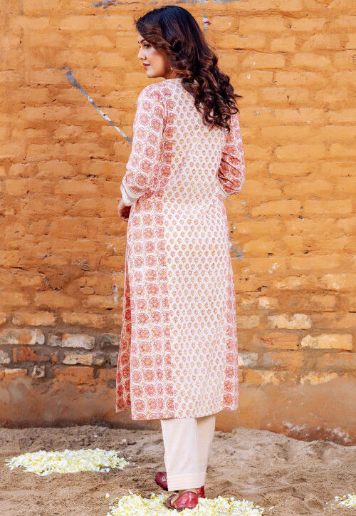 Beige Printed Cotton Straight Kurta Set
