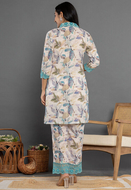 Off White Printed Pure Cotton Straight Kurta Trouser Set