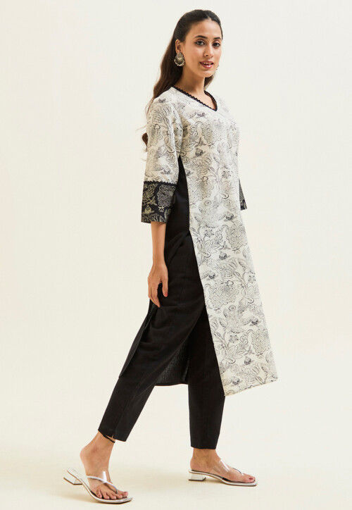 Off White Printed Cotton Straight Kurta Set main image 0