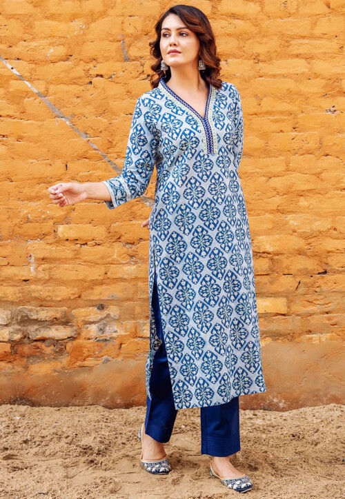 Buy Printed Pure Cotton Straight Kurta Set in Sky Blue Online TQM841 Utsav Fashion