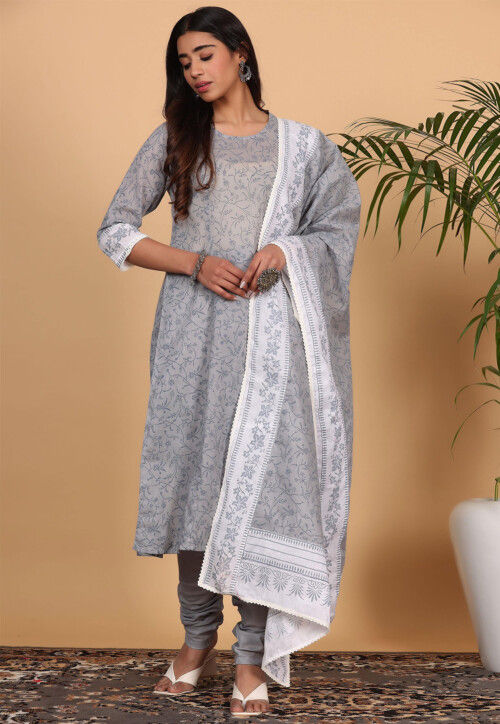 Printed Pure Cotton Straight Suit in Grey