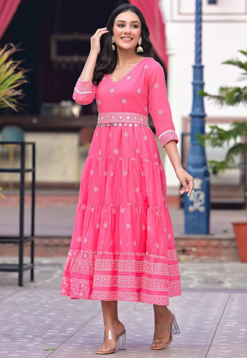 Buy Printed Pure Cotton Tiered Dress in Pink Online : TXG68 - Utsav Fashion