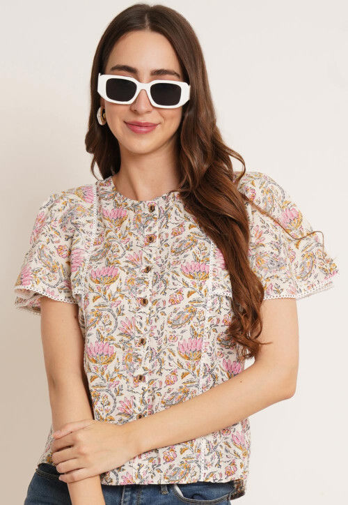 Printed Pure Cotton Top in Cream