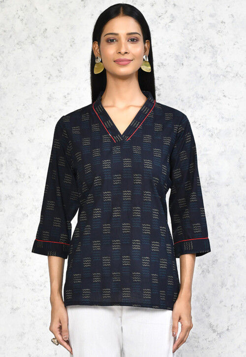 Printed Pure Cotton Top in Dark Blue