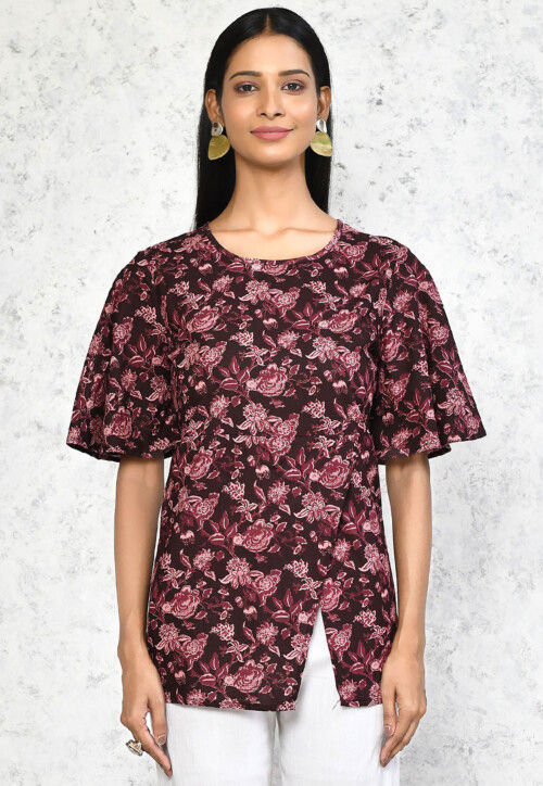 Printed Pure Cotton Top in Maroon