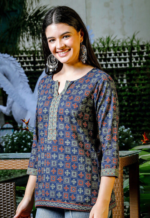 Printed Pure Cotton Top in Navy Blue