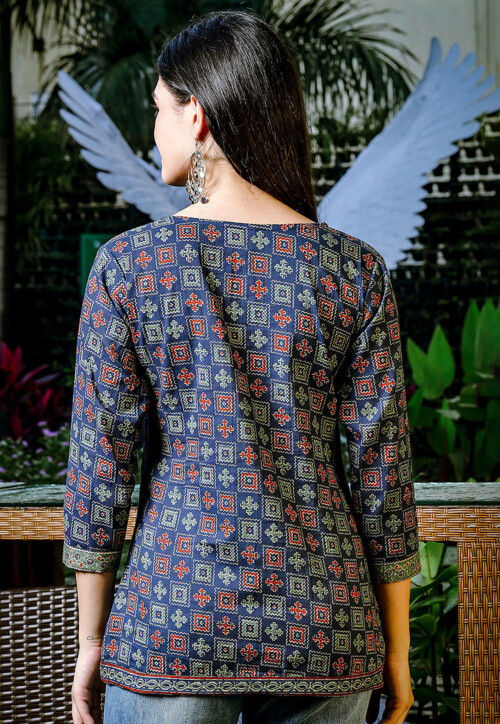 Printed Pure Cotton Top in Navy Blue