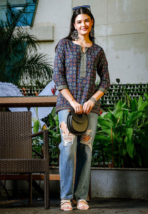 Printed Pure Cotton Top in Navy Blue