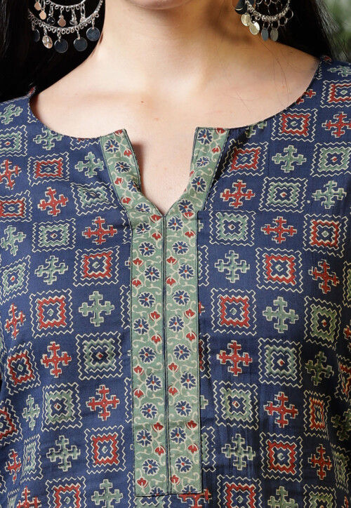 Printed Pure Cotton Top in Navy Blue