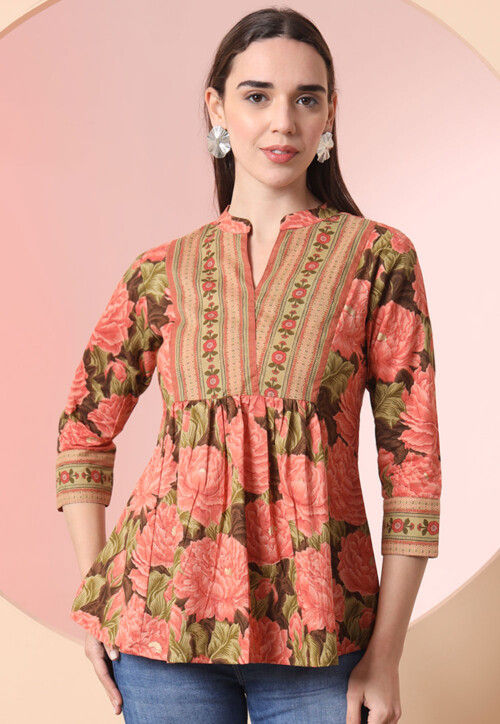 Printed Pure Cotton Top in Peach