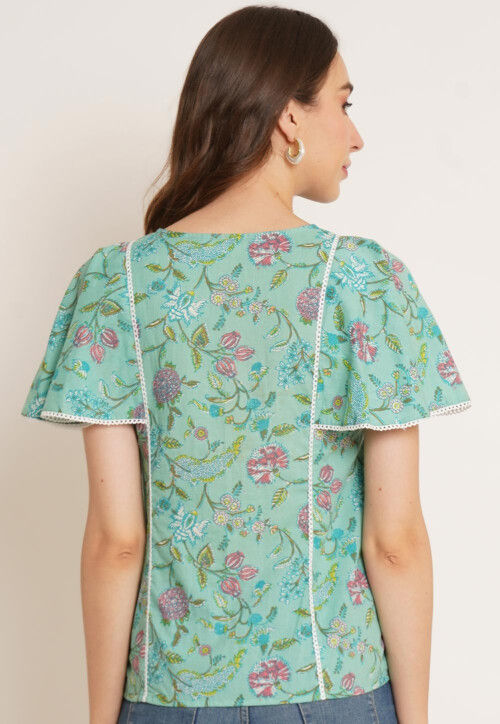 Printed Pure Cotton Top in Sea Green
