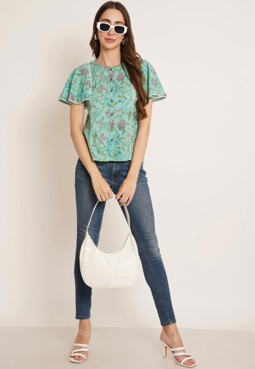 Printed Pure Cotton Top in Sea Green