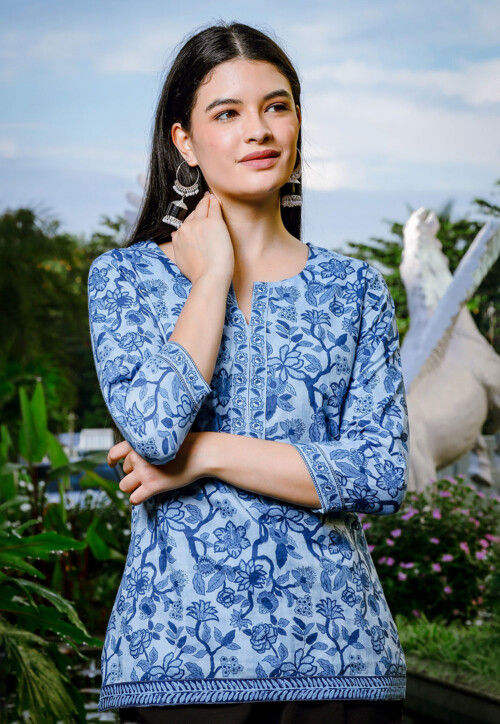 Printed Pure Cotton Top in Sky Blue