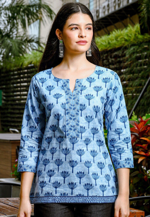 Printed Pure Cotton Top in Sky Blue