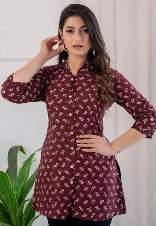 Printed Pure Cotton Tunic in Wine
