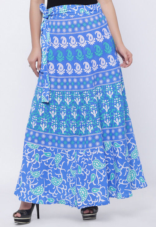Buy Printed Pure Cotton Wrap Around Skirt in Blue Online BRJ911 Utsav Fashion