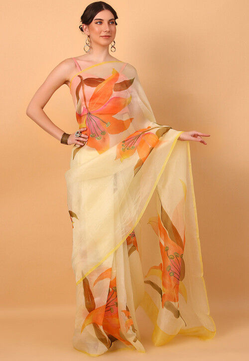Printed  Pure Organza Saree in Light Yellow