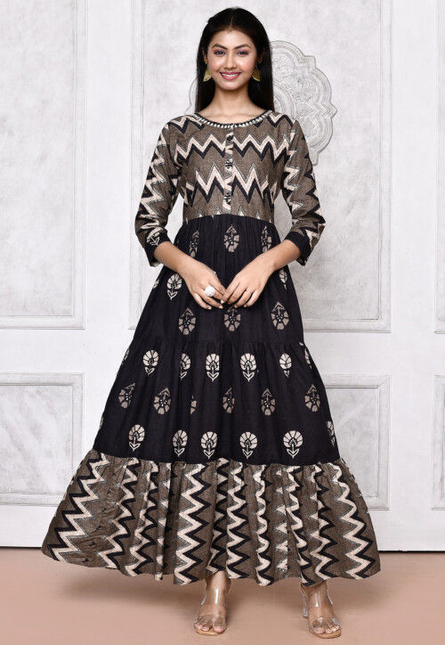 Printed Rayon A Line Kurta in Black and Brown