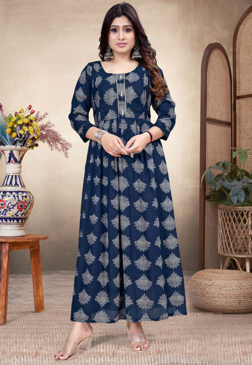 Printed Rayon A Line Kurta in Navy Blue