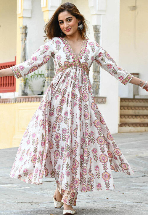 Buy Printed Rayon A Line Kurta Set in Off White Online : TPA3305 ...