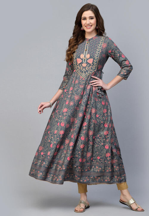 Printed Rayon Aline Kurta in Grey