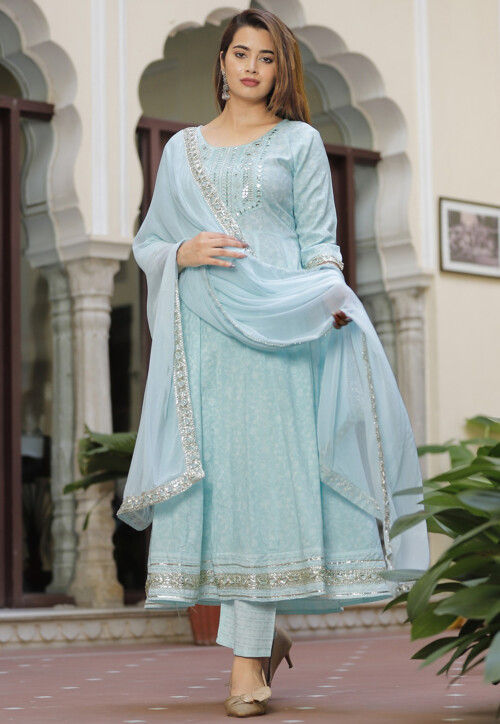 Buy Printed Rayon Anarkali Suit in Sky Blue Online : KEM519 - Utsav Fashion