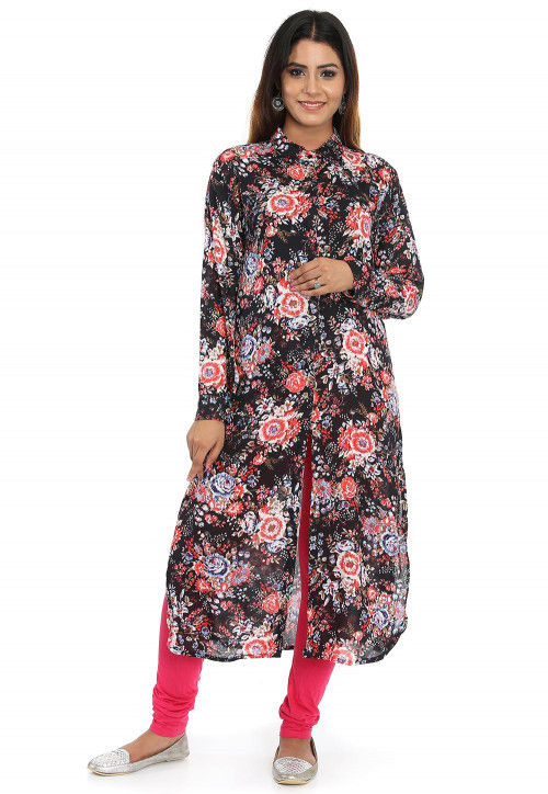 Printed Rayon Front Slit Long Kurta in Black and Multicolor