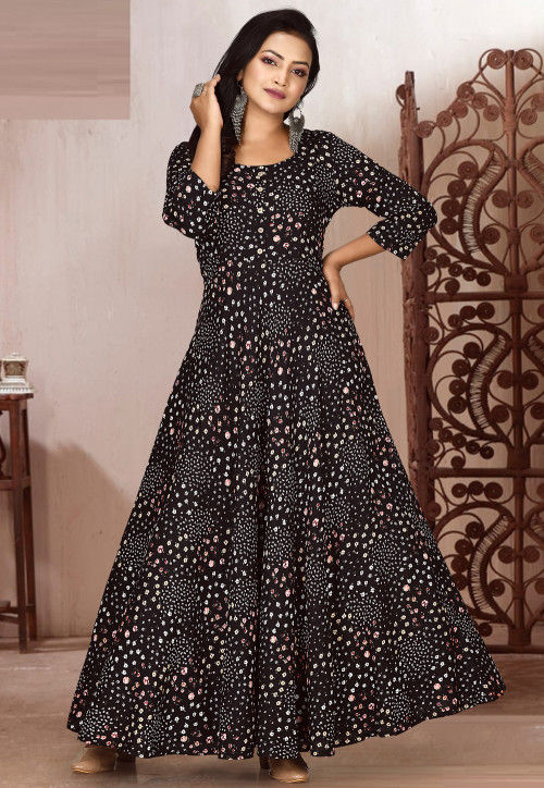 Printed Rayon Gown in Black