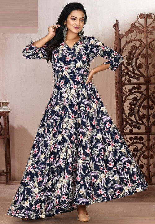 Printed Rayon Gown in Blue