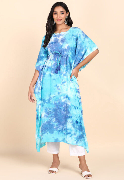 Printed Rayon Kaftan in Blue
